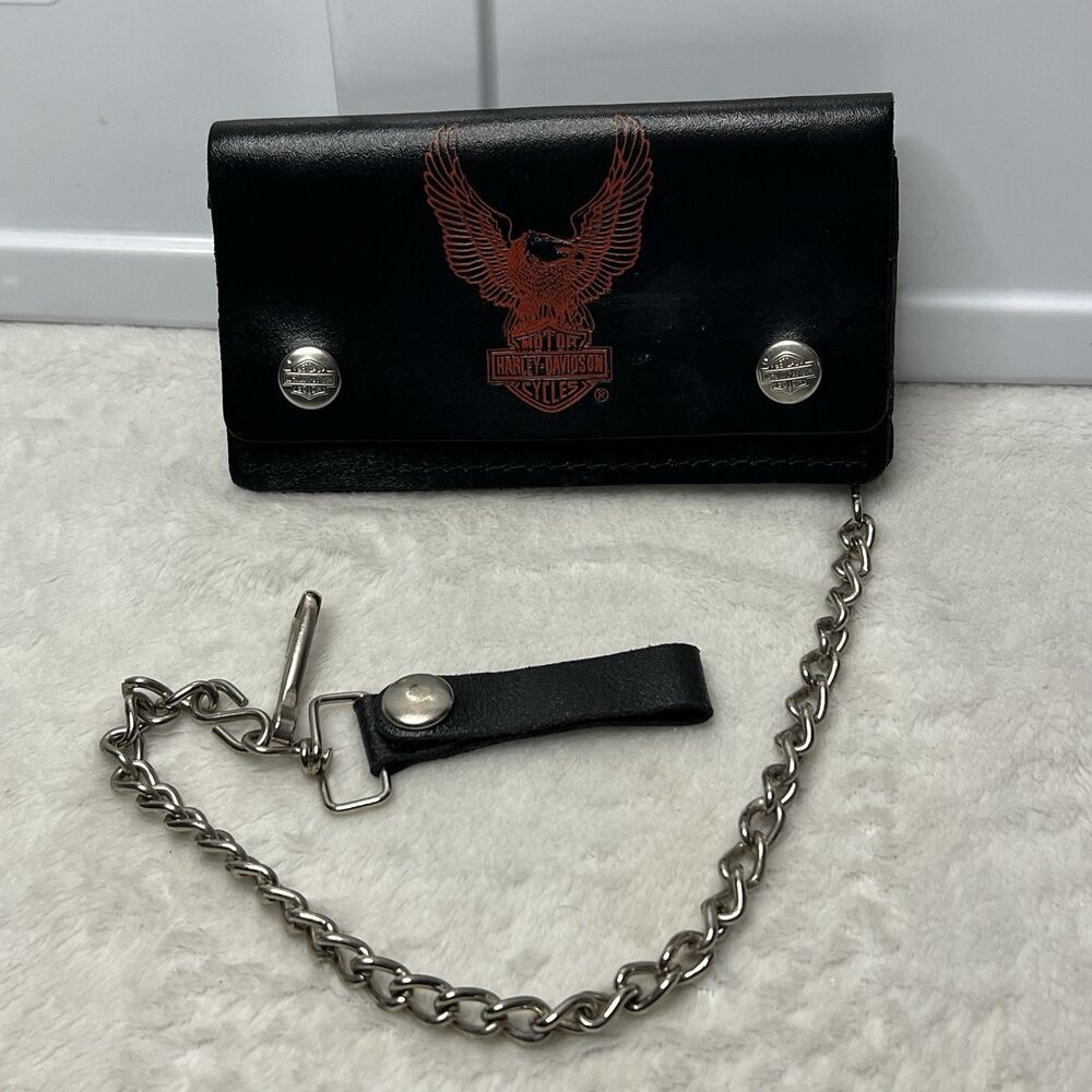 80's Vintage Harley Davidson Black USA Leather Wallet With Chain Eagle Logo Red - Picture 2 of 13